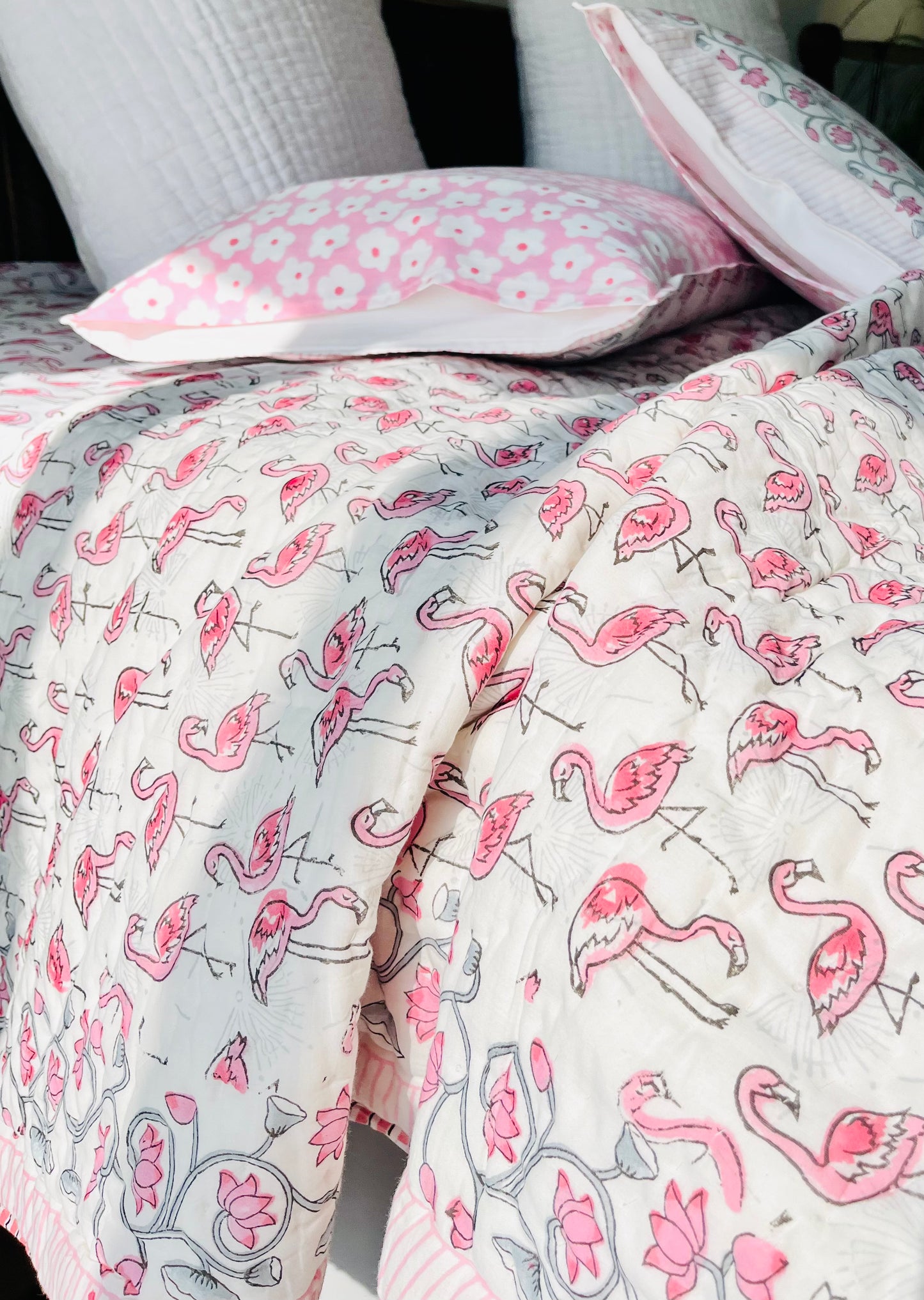 Flamingo Hand Block Printed Cotton Bedding Set