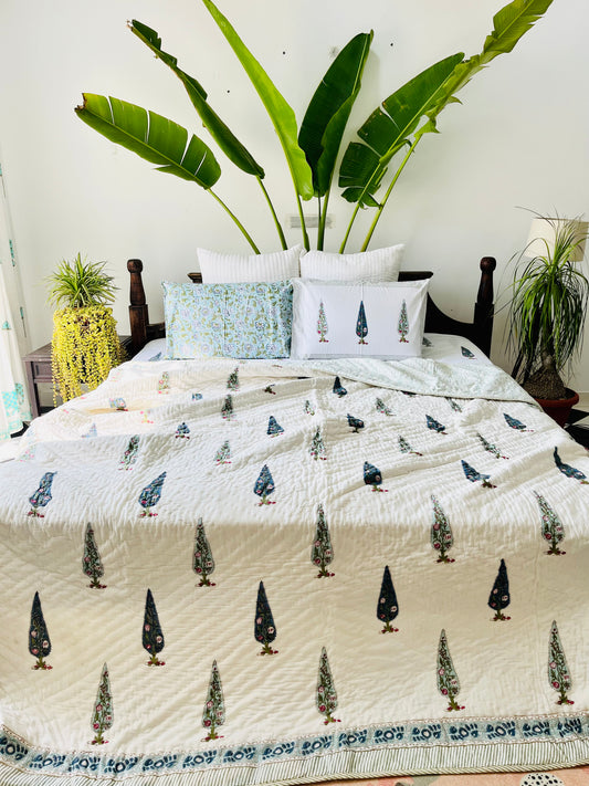 Blue Cyprus Hand Block Printed Cotton Quilt