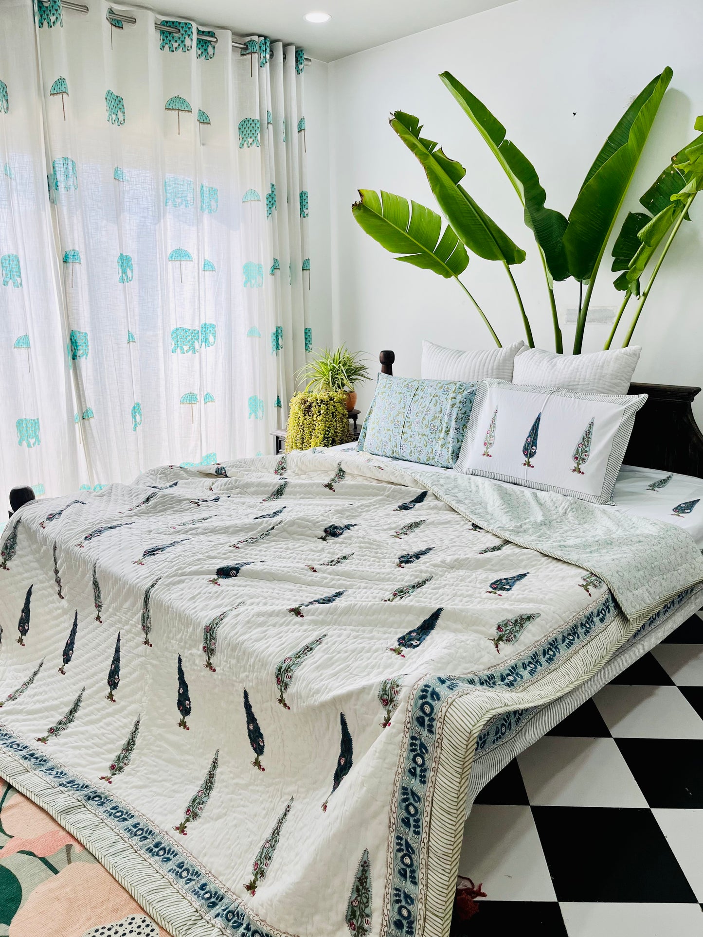 Blue Cyprus Hand Block Printed Cotton Quilt