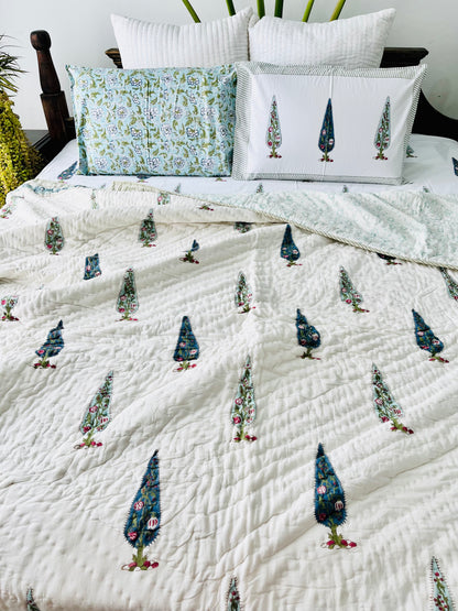 Blue Cyprus Hand Block Printed Cotton Quilt