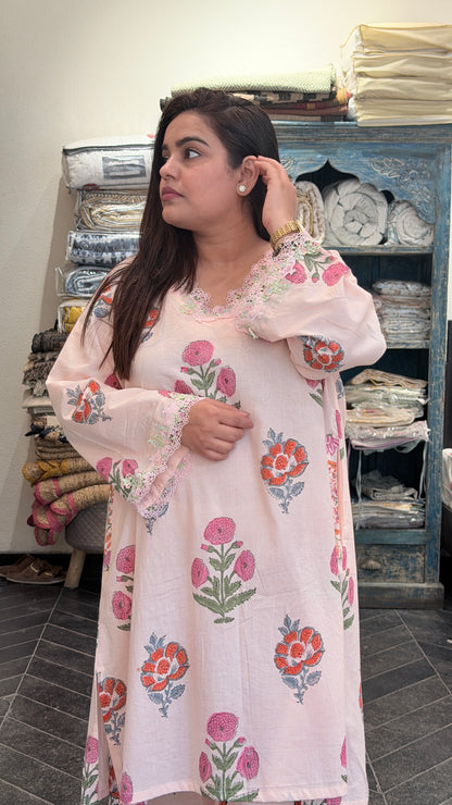 Ice-Cream Pink Cotton Blockprinted Coordset