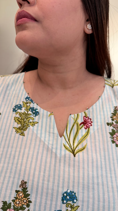 Blue Stripe Blockprinted Cotton Coordset