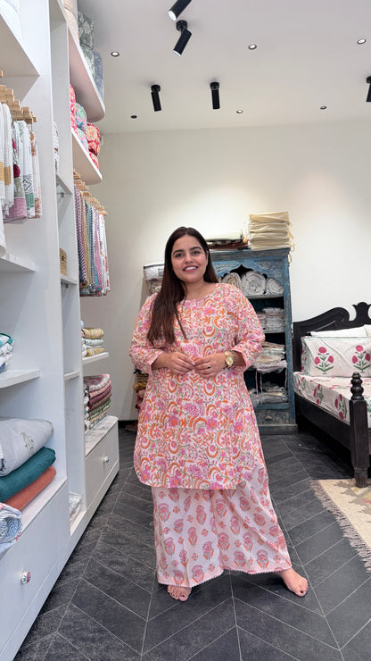 Roohafza Pink Cotton Blockprinted Coordset