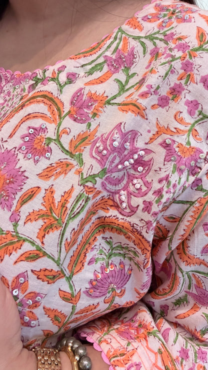 Roohafza Pink Cotton Blockprinted Coordset