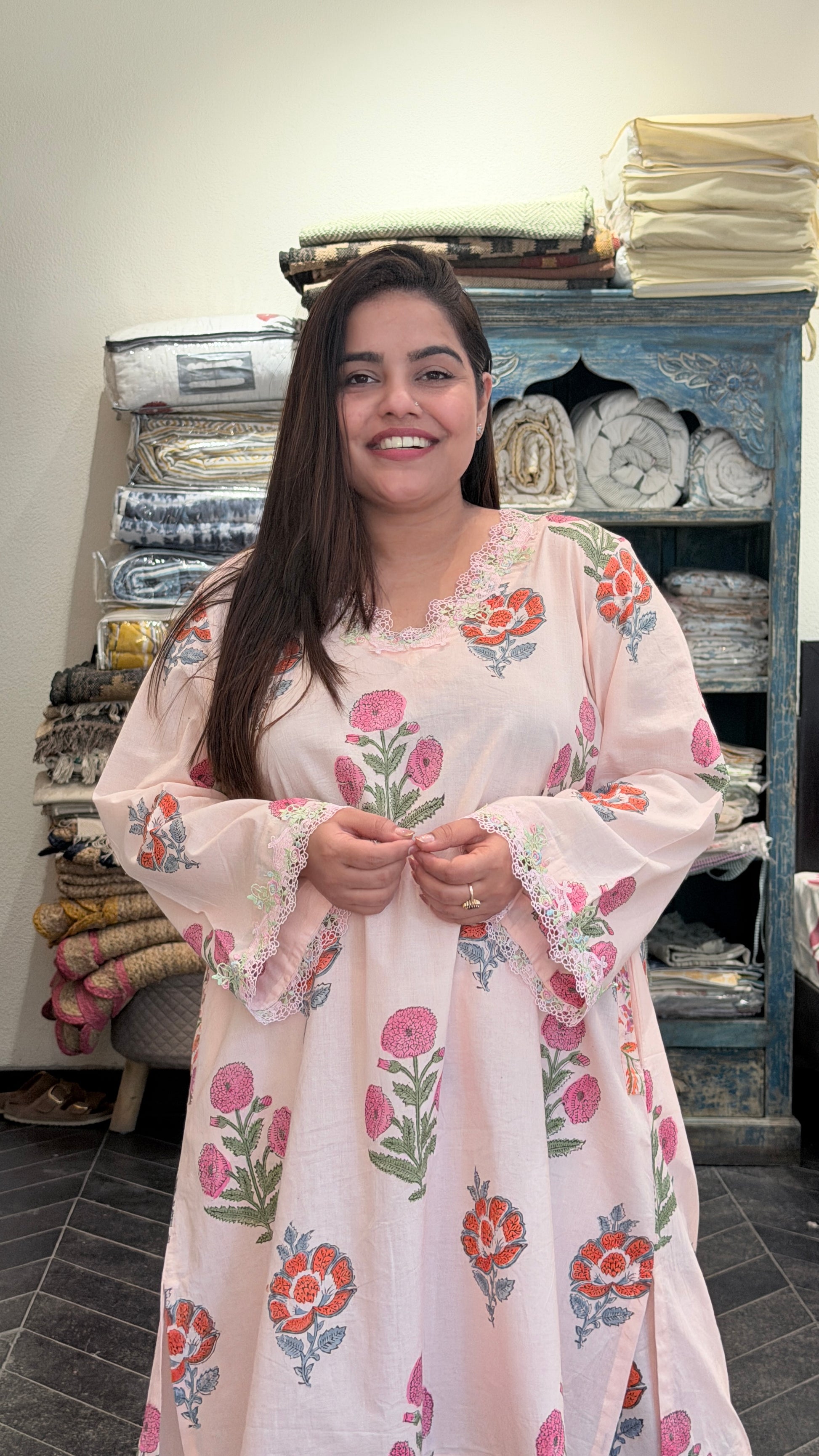 Woman wearing a pink floral Coordset