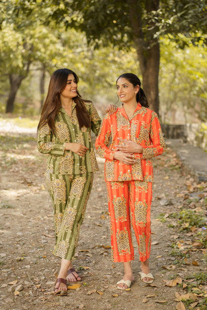 Green Tiger Print Cotton Loungewear Pj set