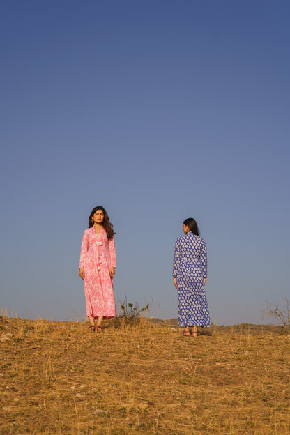 Sufiana Blue Cotton Hand Block Print Maxi Dress