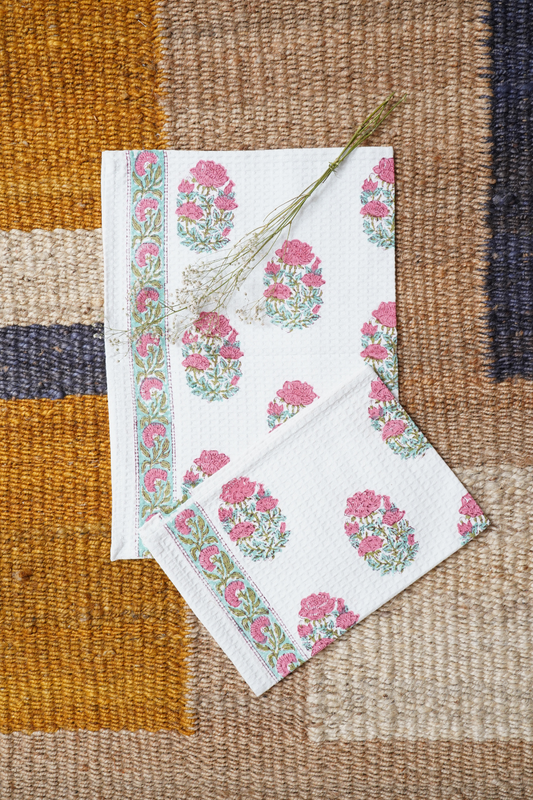Pink Rose Hand Block Printed Tea Towel (Set Of 2)