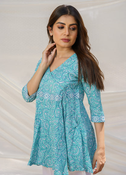 Angrakha Turquoise Cotton Block Print Top