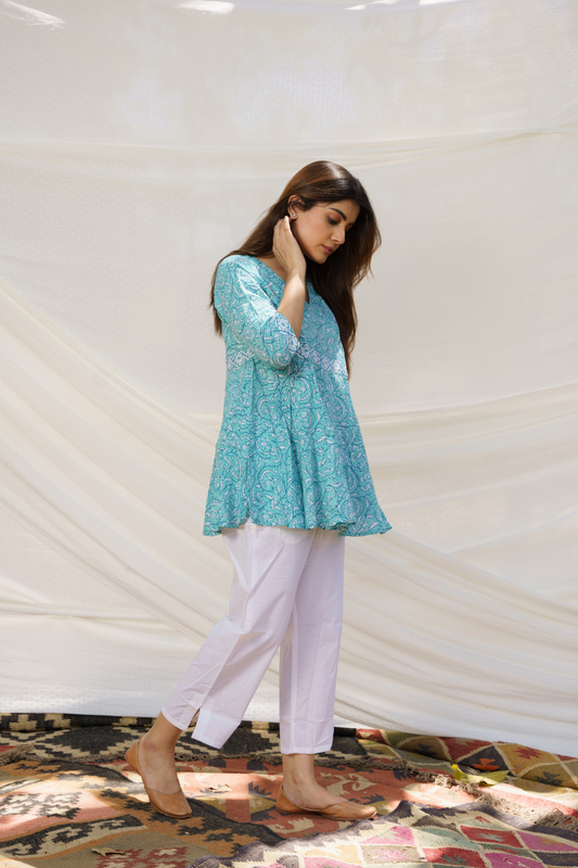 Angrakha Turquoise Cotton Block Print Top
