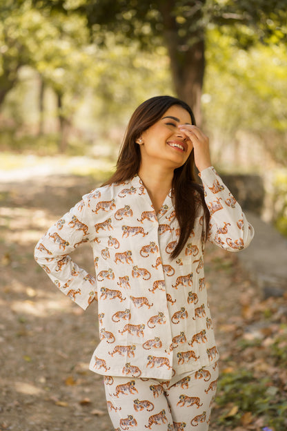 White Tiger Print Cotton Loungewear Pj set