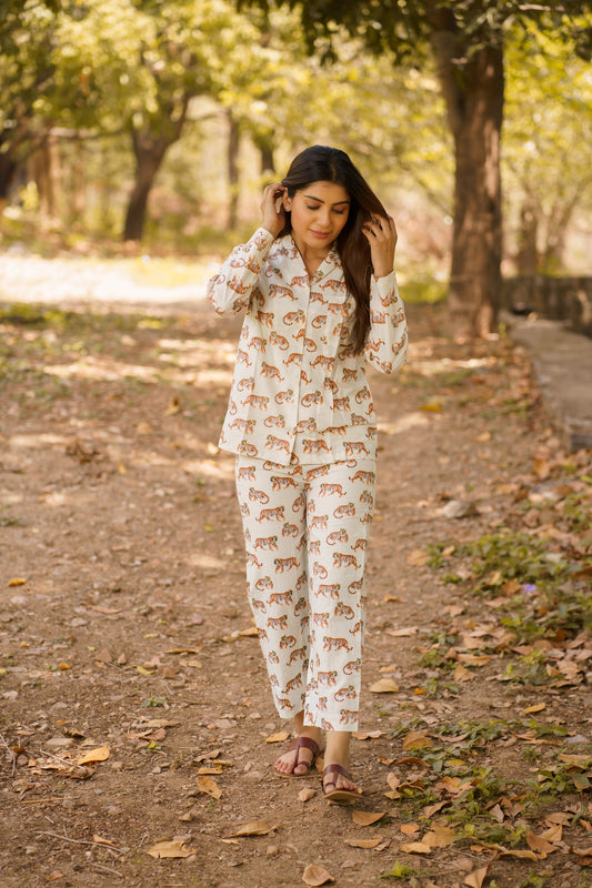 White Tiger Print Cotton Loungewear Pj set