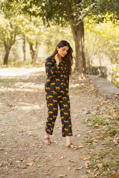 Black Leopard Print Cotton Loungewear Pj set