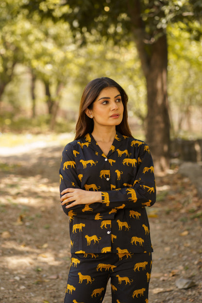 Black Leopard Print Cotton Loungewear Pj set
