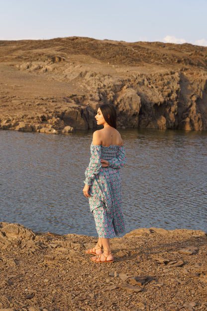 Blue Smoking Off Shoulder Cotton Block Print Dress