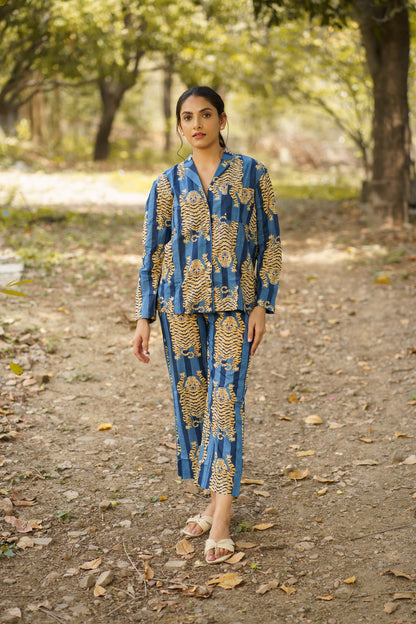 Blue Tiger Print Cotton Loungewear Pj set