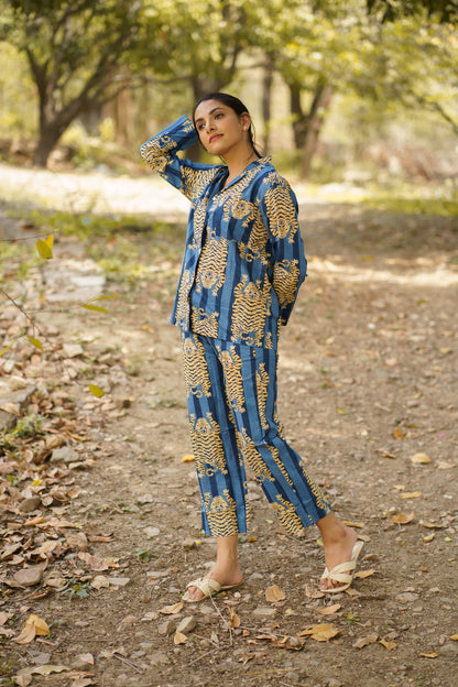 Blue Tiger Print Cotton Loungewear Pj set