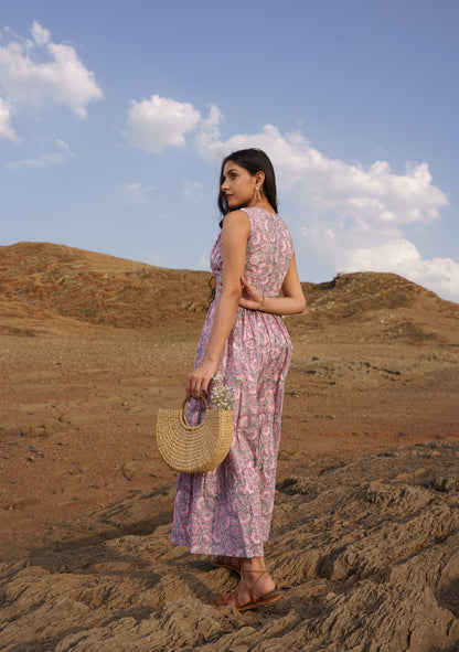 Daisy Pink Cotton Block Print Tiered Maxi Dress