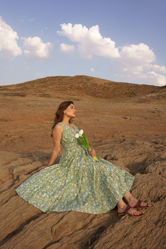 Daisy Yellow Cotton Block Print Tiered Maxi Dress