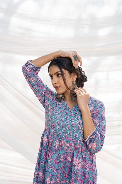 Nazakat Blue Cotton Block Print Kurta Set
