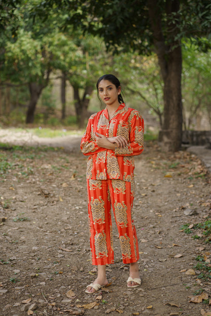 Orange Tiger Print Cotton Loungewear Pj set