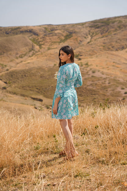 Sharleez Turquoise Cotton Block Print Midi Dress