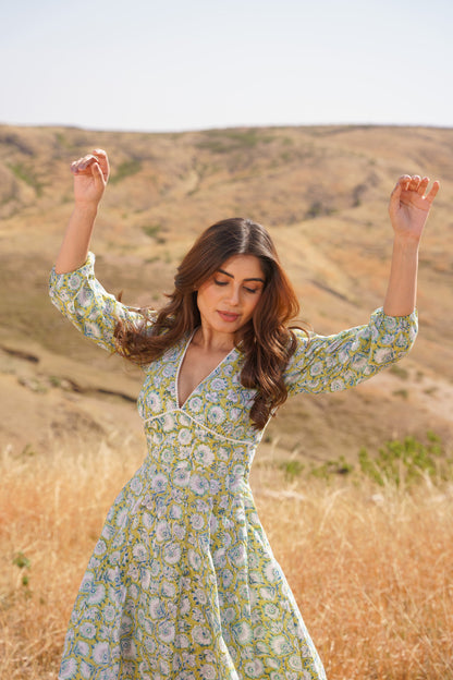Sharleez Yellow Cotton Block Print Midi Dress