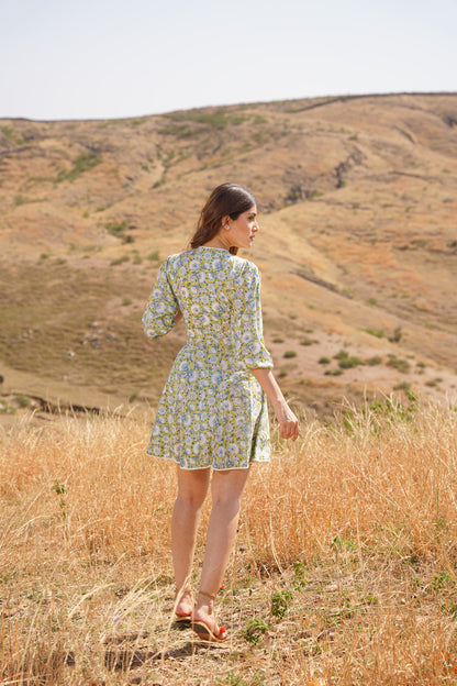 Sharleez Yellow Cotton Block Print Midi Dress