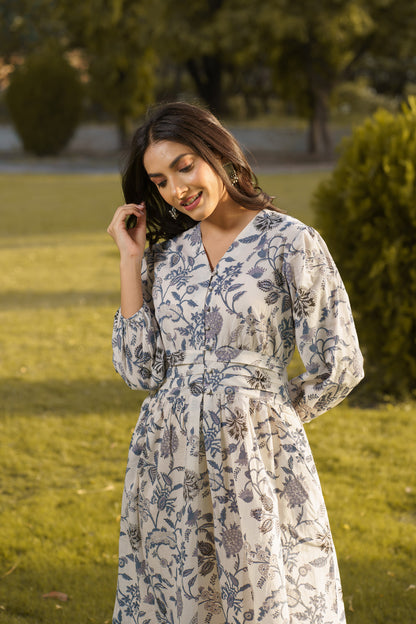 Gulbahar White Cotton Hand Block Print Maxi Dress